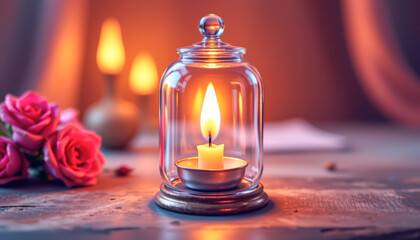 A serene candle in a glass jar with roses, creating a warm and inviting atmosphere ideal for relaxation.