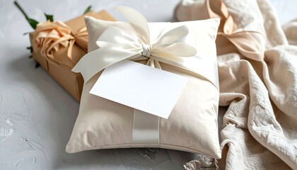 Elegant pillow gift with card, satin ribbon, blank tag, and cozy neutral wrapping, perfect for weddings, anniversaries, or special occasions.