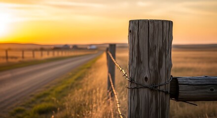 Rural Landscape at Sunset with Wooden Fence and Barbed Wire in Golden Light Scenery along Dirt Road