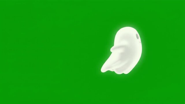 Cute smiling 3d ghost character floating and waving on green screen