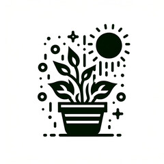 Black and white potted plant with sun illustration, symbolizing growth and eco-friendly themes