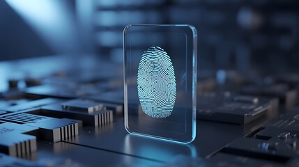 Glowing blue fingerprint on transparent glass over circuit board biometric security