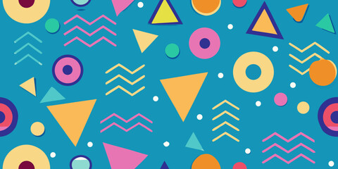  Bright Youthful Vector Seamless Design with Curved Zigzags, Dotted Circles, Triangle Bursts, and Looping Lines for Playful Backgrounds