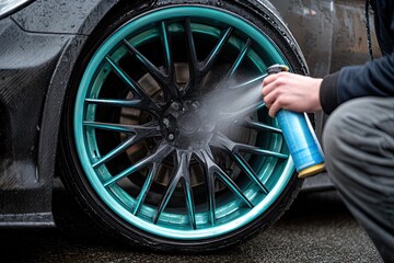 Person cleaning a teal and black car wheel