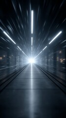 Dynamic abstract motion blur captures the rapid movement of a passenger train speeding through a dark futuristic underground subway tunnel with vibrant streaks of light.