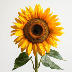 Obraz premium Vibrant sunflower with green leaves, a symbol of summer and joy on white background