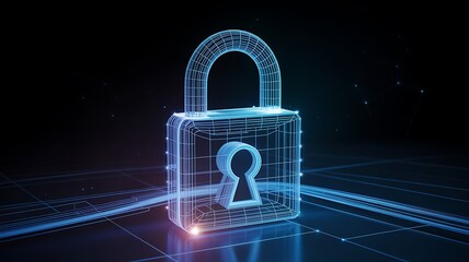 Glowing Blue Wireframe Padlock on Dark Digital Grid Background security technology