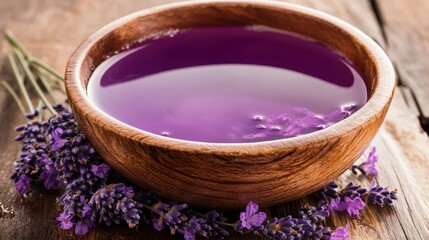 Lavender Bowl with Essential Oil on Wooden Table Background
