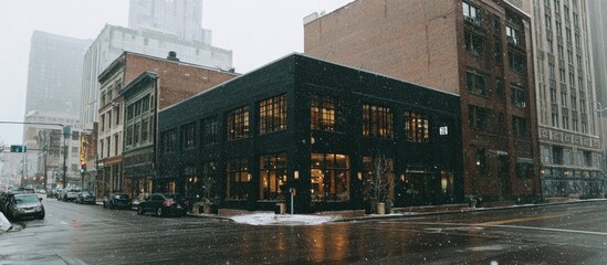 Snow falls on a city street corner, showcasing a dark modern building amongst older brick structures.  Cars are parked along the wet street