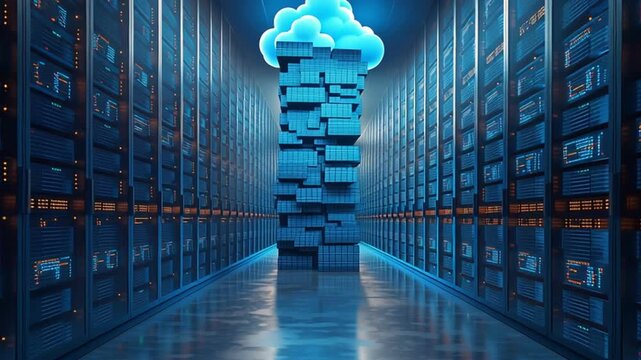 Cloud computing data center server racks with digital cloud icon glowing above stacks of data blocks blue light showcasing futuristic network