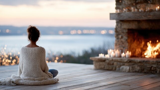 Woman Meditating by Fireplace at Sunset