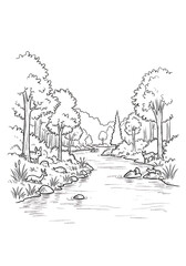 Serene Black and White Forest Stream Illustration: Deer, Foxes, and Lush Foliage