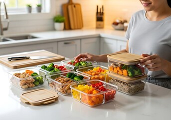 Woman preparing healthy meal prep containers with fresh vegetables and fruits