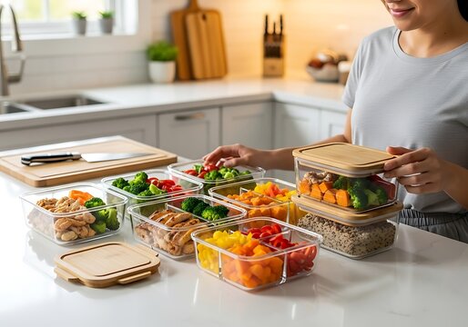 Woman preparing healthy meal prep containers with fresh vegetables and fruits