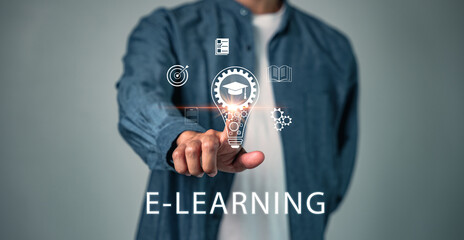 Learning and education goals are achieved with e-learning technology, business training and AI, visualized as a man touches a lightbulb with online books and tools for comprehensive training