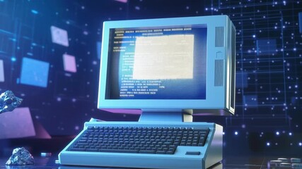 Vintage computer keyboard glowing screen digital retro technology floating data holograms futuristic environment with immersive digital elements - Powered by Adobe