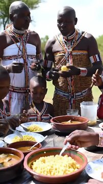 Zulu Family Gathered for a Celebratory Meal Outdoors in Traditional Attire Featuring Intricate Beadwork Daytime Unity Heritage. Family Enjoys Traditional Zulu Cuisine Served in Clay Pots at a Rustic