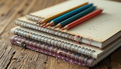 Stack Colorful Spiral Notebooks Wooden Table, Office Supplies Notebooks Study Materials