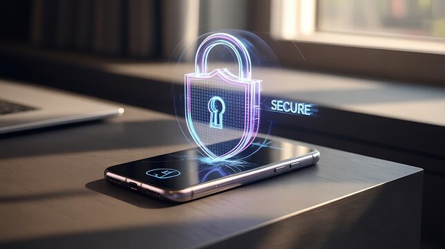 Glowing digital padlock hologram over smartphone on desk with laptop digital security technology