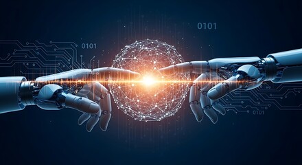 Robotic and human hands reaching out to touch a glowing digital sphere
