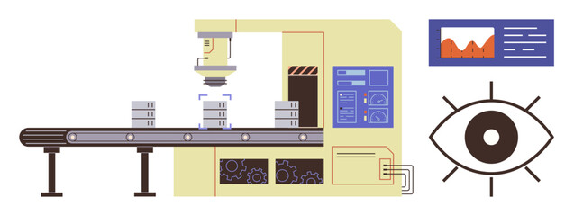Robotic arm inspecting items on conveyor belt, monitor displaying analytics, and eye symbol for vision. Ideal for robotics, automation, quality assurance, production, AI, technology manufacturing © robu_s