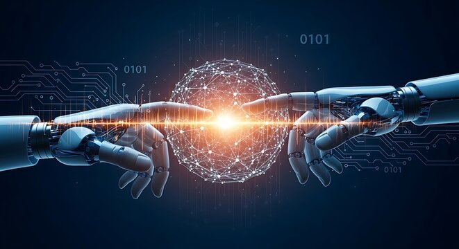 Robotic and human hands reaching out to touch a glowing digital sphere - Powered by Adobe