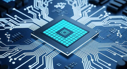Closeup of a futuristic computer processor chip with glowing blue circuits