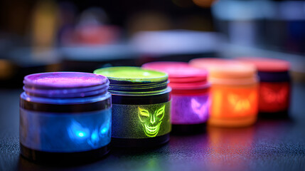 A captivating array of glow-in-the-dark face paint jars, evoking creativity and excitement for night festivities.