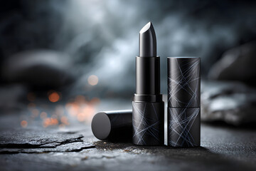 A striking fusion of matte black lipstick and gloss evokes intrigue and confidence.