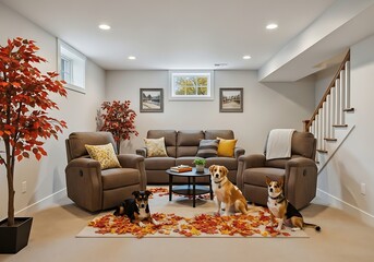 Cozy basement living room with three happy dogs among scattered autumn leaves, brown furniture, and warm lighting. Perfect pet-friendly home interior.