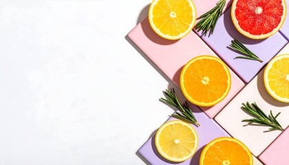 Citrus Slices and Rosemary Sprigs on Pastel Tiles with White Space for Text