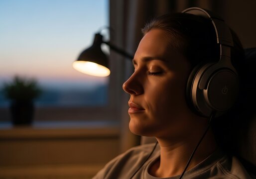 Woman wearing headphones with eyes closed in a dimly lit room at dusk