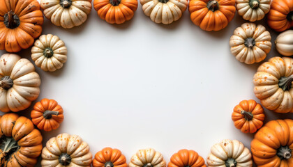 A variety of pumpkins arranged in a circular frame, perfect for autumn-themed designs and seasonal decorations.