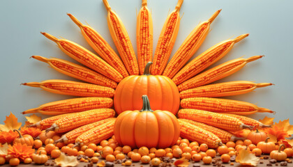 A vibrant autumn arrangement featuring pumpkins and corn, perfect for seasonal decoration and festive celebrations.