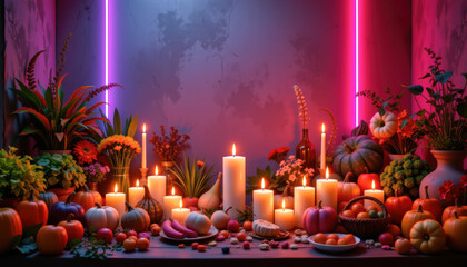 A vibrant autumn display featuring colorful pumpkins, candles, and seasonal fruits, set in a cozy ambiance.