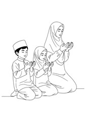 A Muslim mother with her son and daughter kneeling together in prayer.