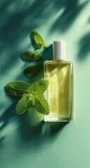 A rectangular glass bottle of pale yellow liquid rests on a teal background, accompanied by fresh mint leaves casting shadows