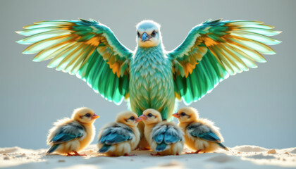 A vibrant bird with colorful wings stands protectively over its adorable chicks on a sandy surface.