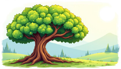 A vibrant, green tree stands majestically in a serene landscape, symbolizing nature's beauty and tranquility.