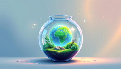 A vibrant depiction of the Earth inside a glass bowl, showcasing nature and sustainability in a magical setting.