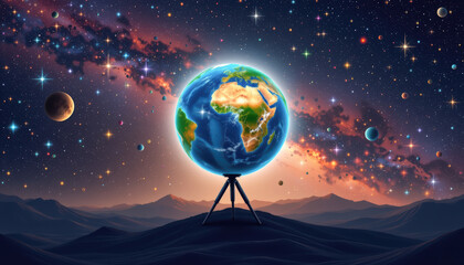 A vibrant depiction of Earth surrounded by cosmic elements and planets, showcasing the beauty of our universe.
