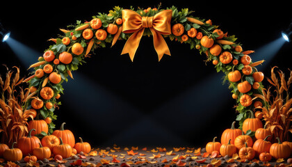 A vibrant fall archway adorned with pumpkins and autumn leaves, perfect for seasonal celebrations and festivities.