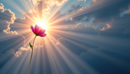 A vibrant flower emerges from the ground, basking in golden sunlight that breaks through the clouds, symbolizing hope.