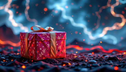 A vibrant gift box resting on a volcanic landscape, surrounded by glowing embers and atmospheric smoke.