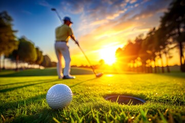 Golfer Swinging Club at Sunset with Ball Near Hole on Green