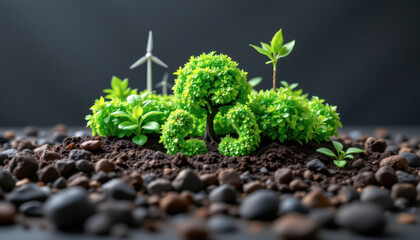 A vibrant green landscape featuring miniature trees and wind turbines, symbolizing environmental sustainability.