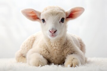 Fototapeta premium Adorable White Lamb Lying Down on Soft White Background