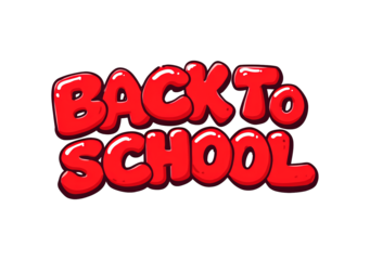 Bright cartoon style back to school text in red bubble letters on transparent background, PNG
