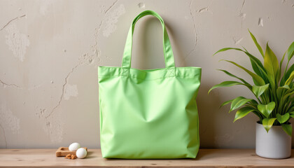 A vibrant green tote bag placed on a wooden surface with a potted plant, ideal for shopping or everyday use.
