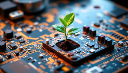 A vibrant green plant sprouting from a circuit board, symbolizing the fusion of nature and technology.